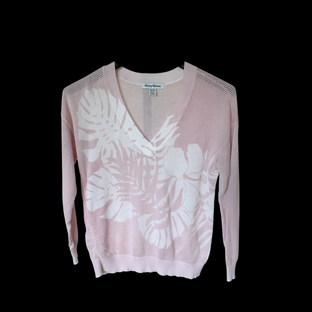 Tommy Bahama Pink Tropical Leaf Mesh Knit V-Neck Sweater XS Bleached Distressed